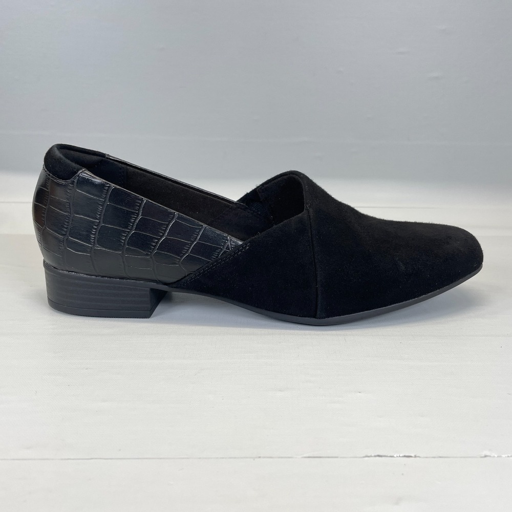 Clarks Juliet Palm Shoes Womens Size 9.5 M Black Suede Croc Embossed Loafers